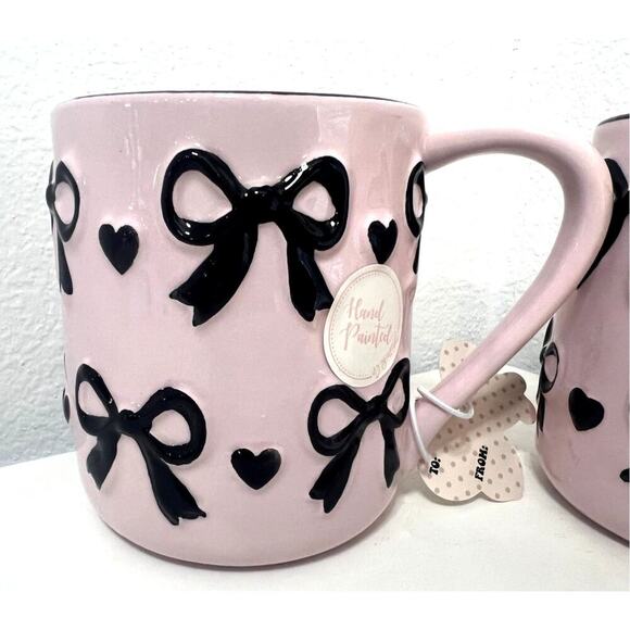 Pink Bow Coquette Coffee Cup Set of Two Tiktok Viral- Pink w/ Black Bows RARE - Picture 2 of 4